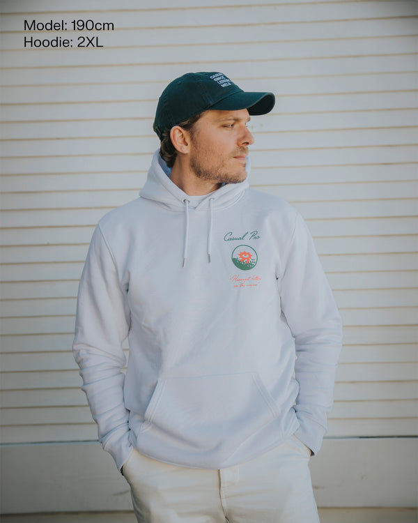 Man wearing a White Golf Hoodie with front print 