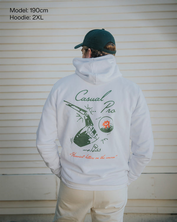 man wearing a White Golf Hoodie with back print 