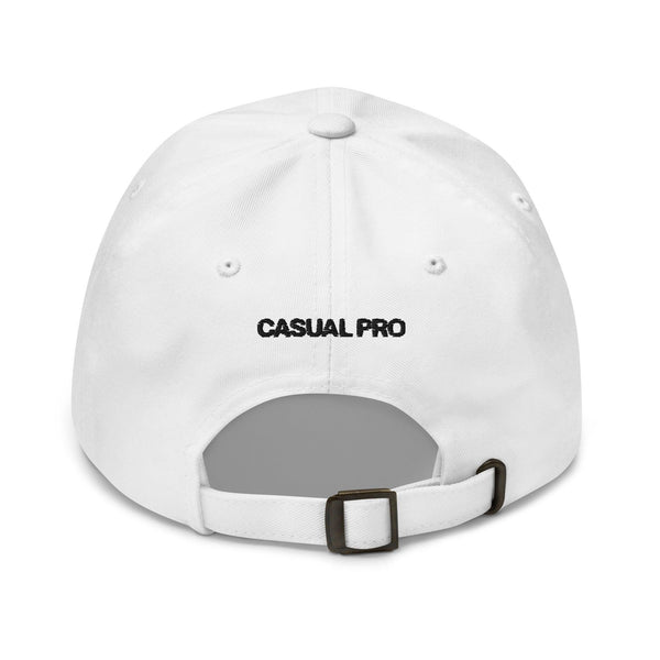 Back of a White tennis dad hat - embroidered Casual Pro logo 