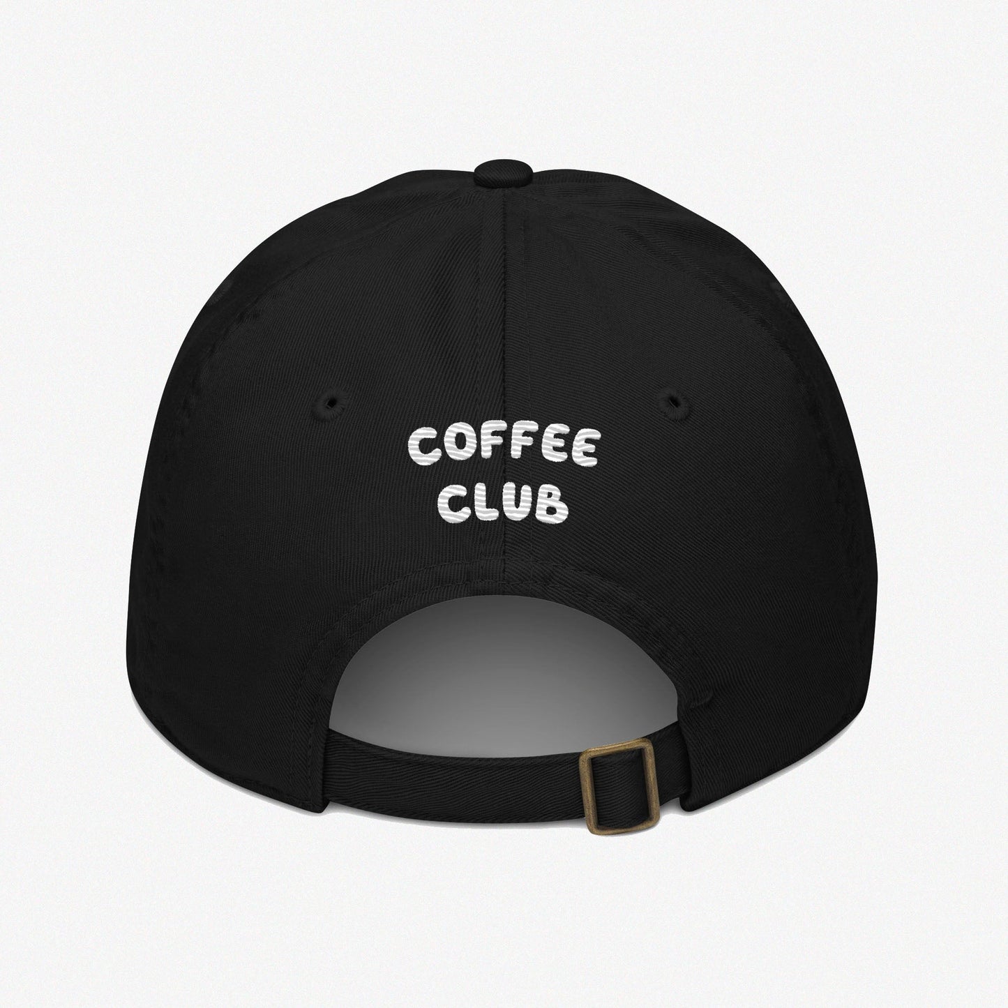 Coffee club black dad hat with embroidered coffee club caption