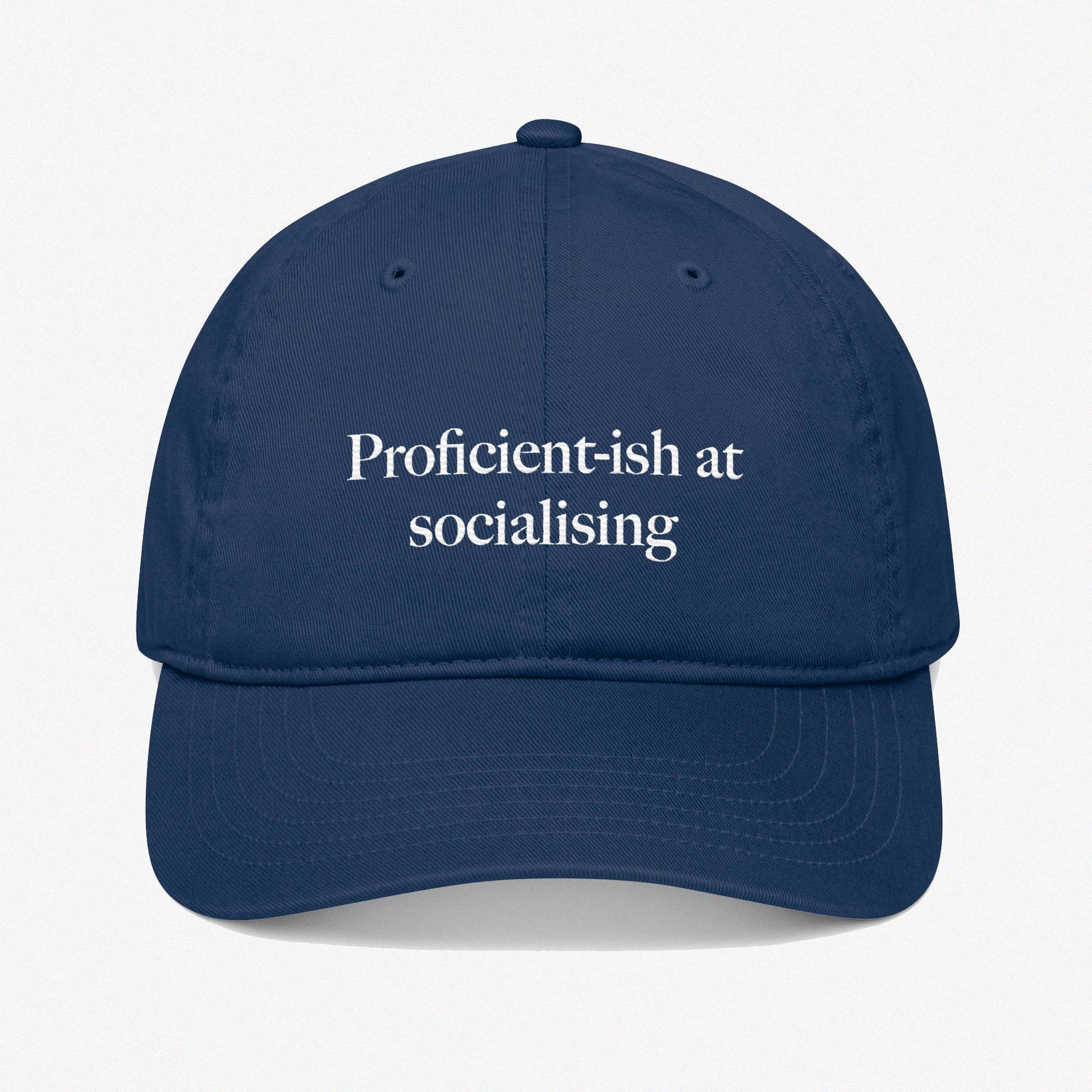 Dad hat, embroidered caption social skills, Low profiles, 6 panel hat, Organic cotton