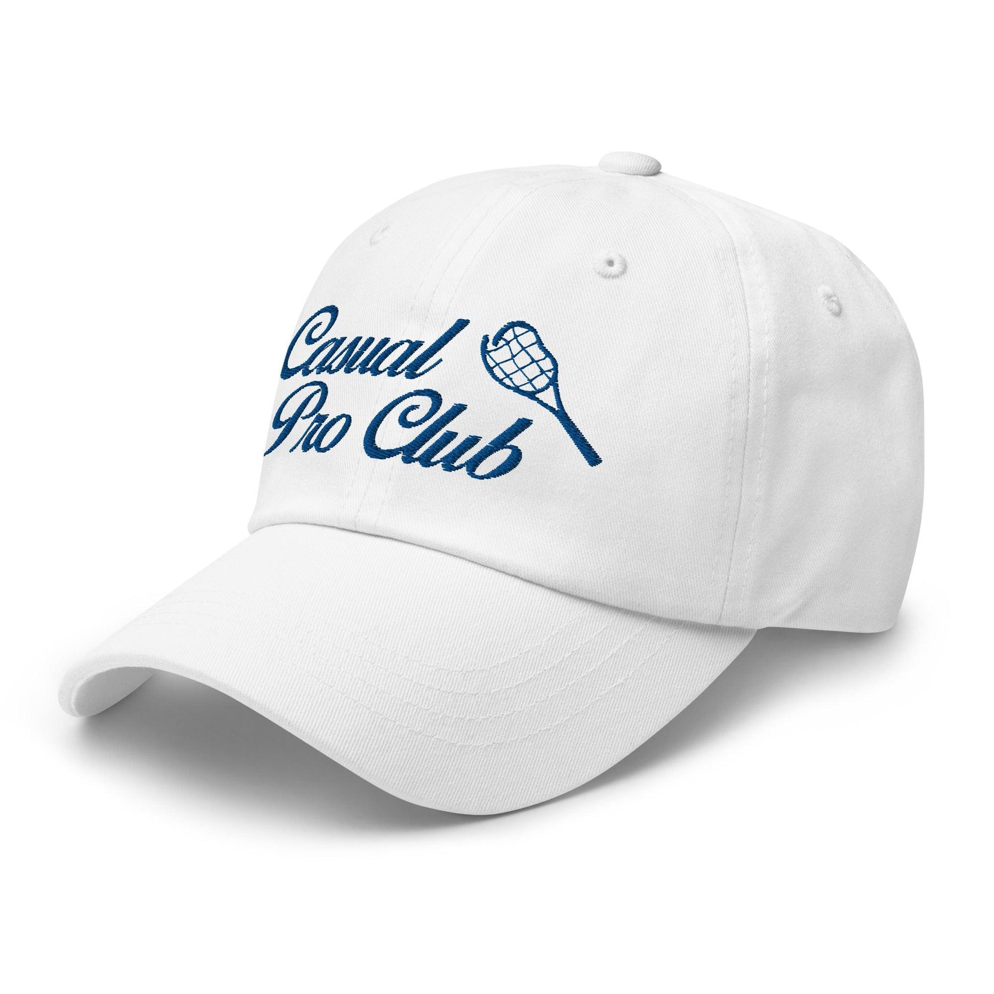 White tennis hat with embroidered logo from the side