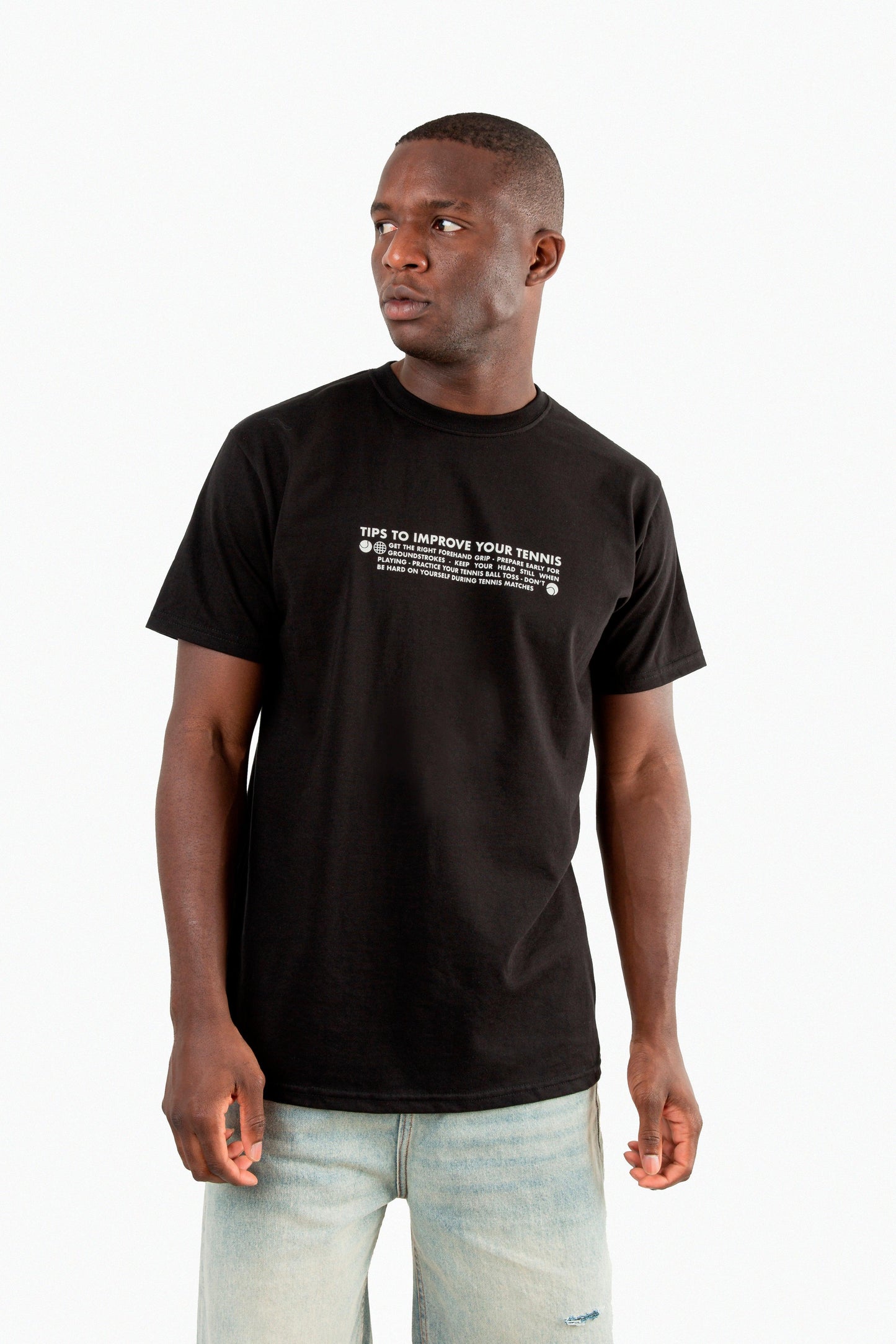 Man wearing a tennis t shirt with back print, regular fit, crew neck, side seam, organic cotton, unisex