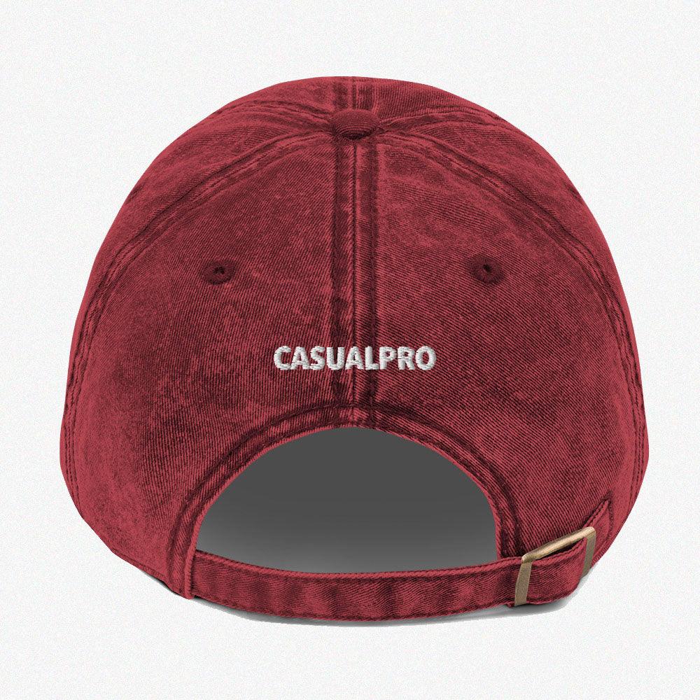 Red Vintage dad hat with embroidered logo at the back